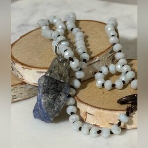 Blue Sodalite beaded white crystal necklace hand soldered